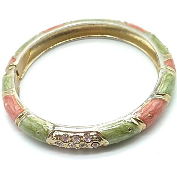 Swirled Enameled Clamper Hinged Pink Green Rhinestone Bracelet Gold-tone 7" - Picture 1 of 6
